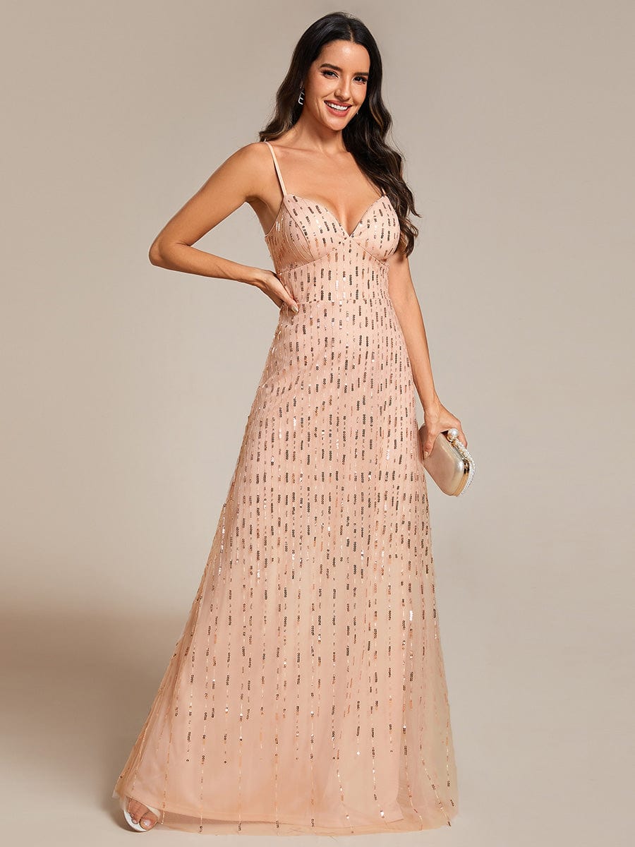 Paillette Spaghetti Straps Formal Evening Dress with Deep V-neck #color_Rose Gold