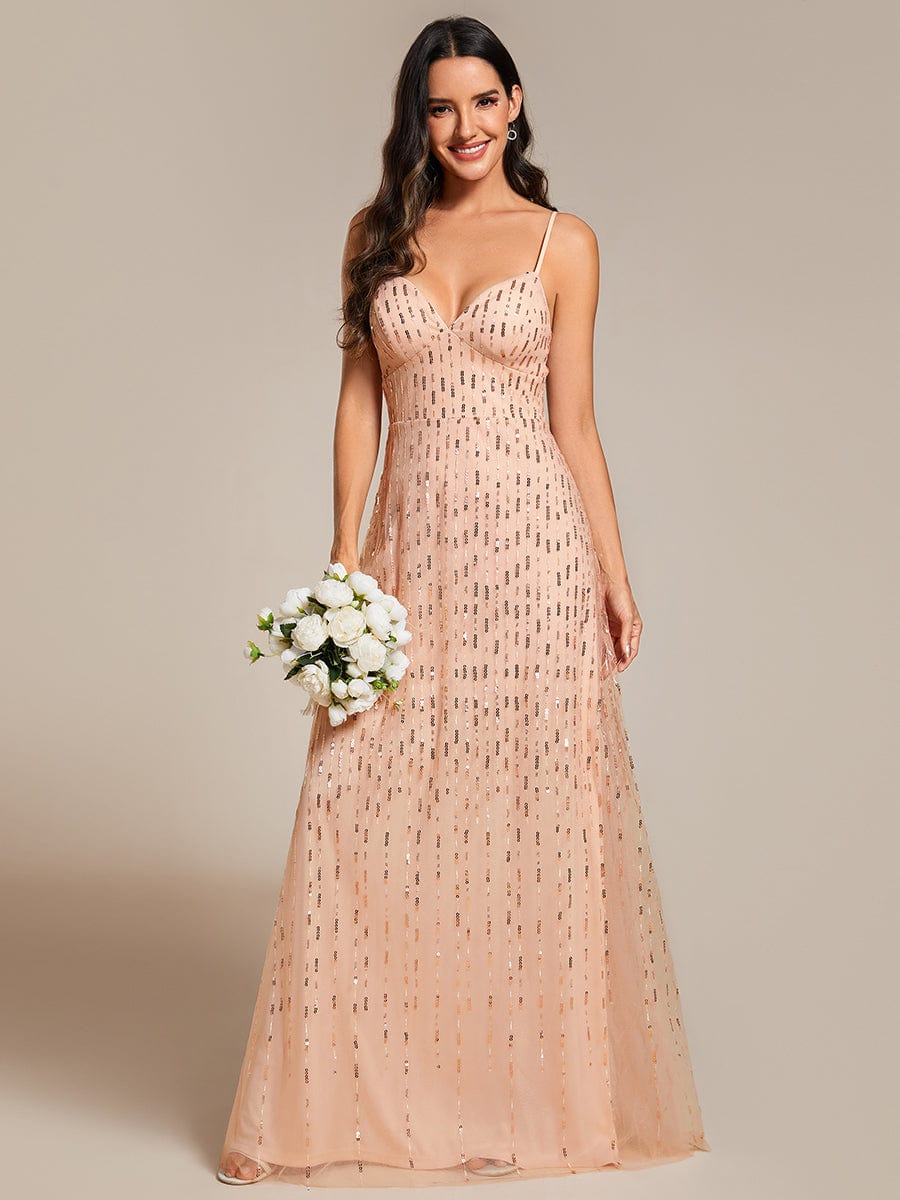 Paillette Spaghetti Straps Formal Evening Dress with Deep V-neck #color_Rose Gold