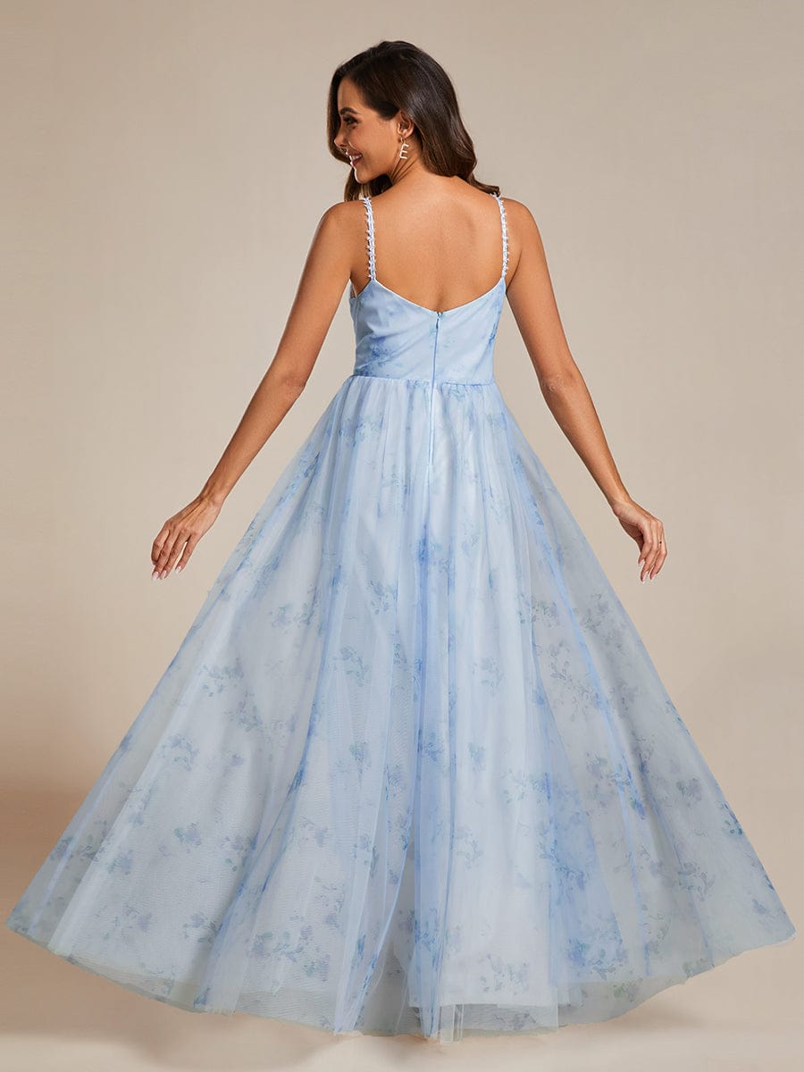 Floral Printed Empire Waist Spaghetti Strap Formal Evening Dress with V-Neck #color_Ice Blue