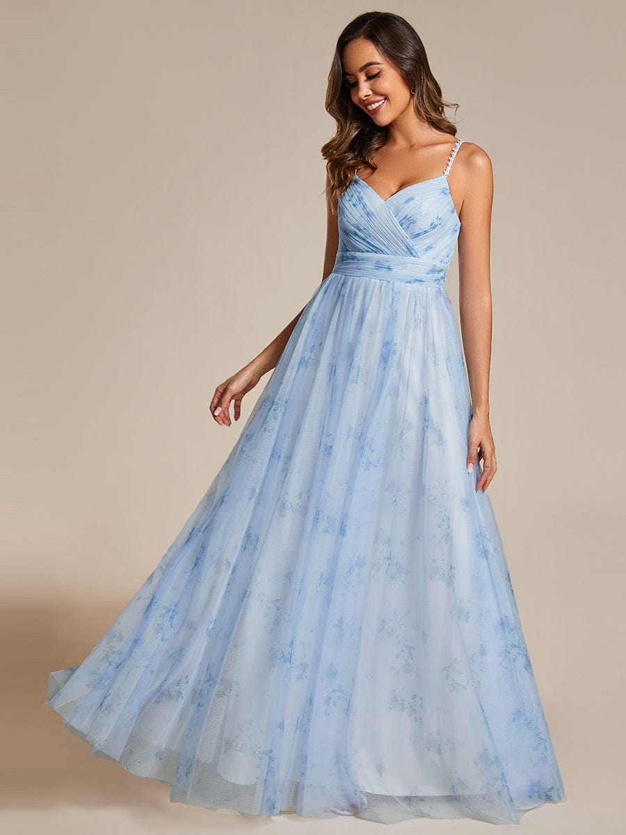 Floral Printed Empire Waist Spaghetti Strap Formal Evening Dress with V-Neck #color_Ice Blue