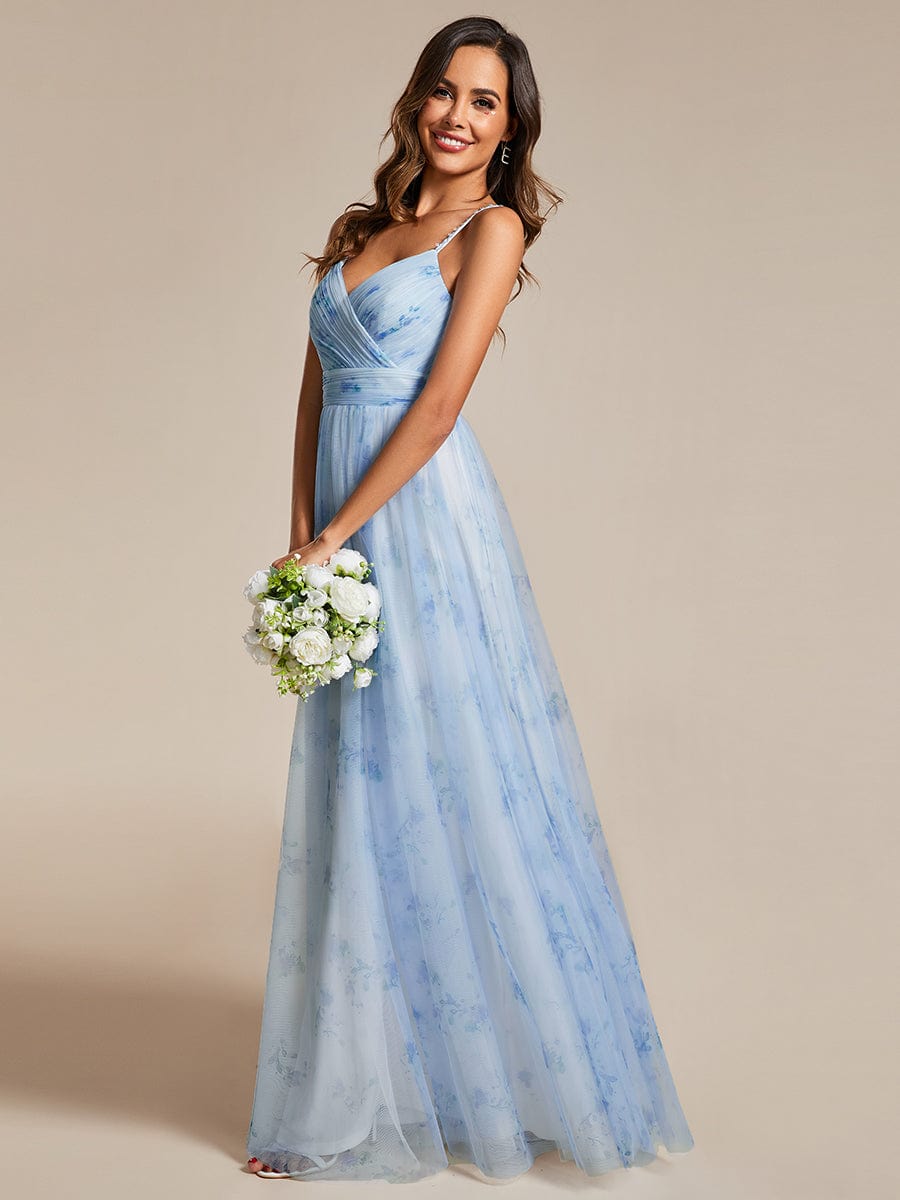 Floral Printed Empire Waist Spaghetti Strap Formal Evening Dress with V-Neck #color_Ice Blue