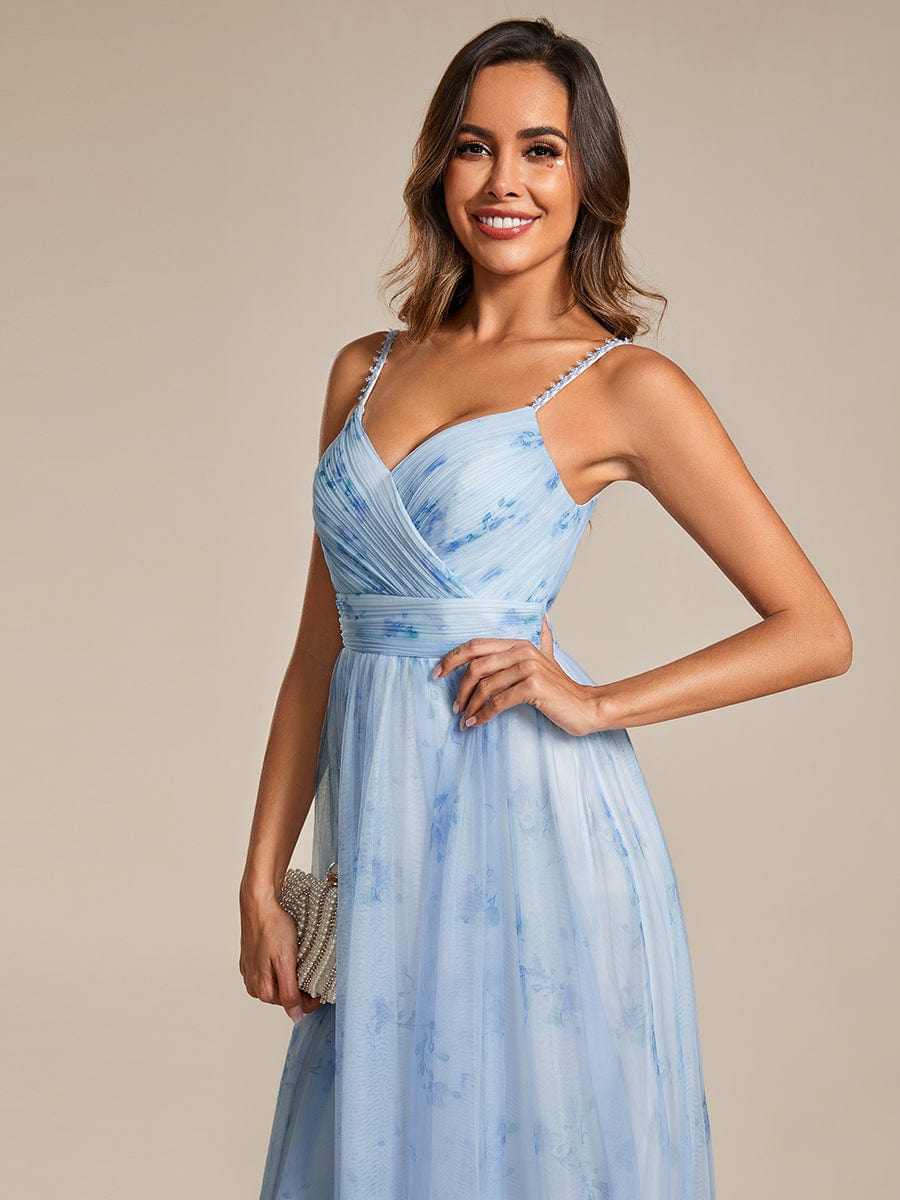 Floral Printed Empire Waist Spaghetti Strap Formal Evening Dress with V-Neck #color_Ice Blue