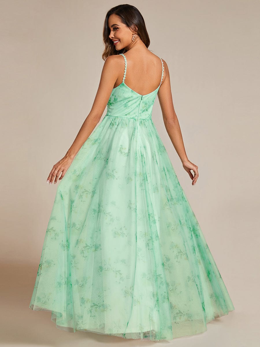 Floral Printed Empire Waist Spaghetti Strap Formal Evening Dress with V-Neck #color_Mint Green