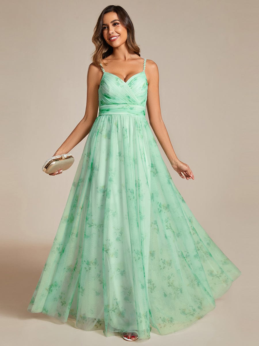 Floral Printed Empire Waist Spaghetti Strap Formal Evening Dress with V-Neck #color_Mint Green