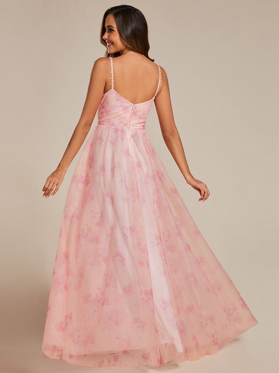 Floral Printed Empire Waist Spaghetti Strap Formal Evening Dress with V-Neck #color_Pink