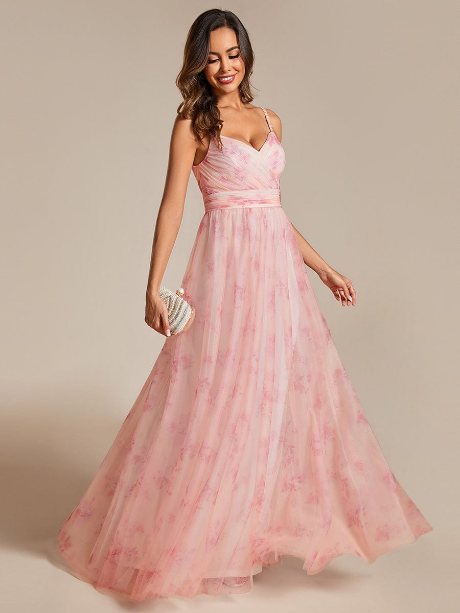 Floral Printed Empire Waist Spaghetti Strap Formal Evening Dress with V-Neck #color_Pink