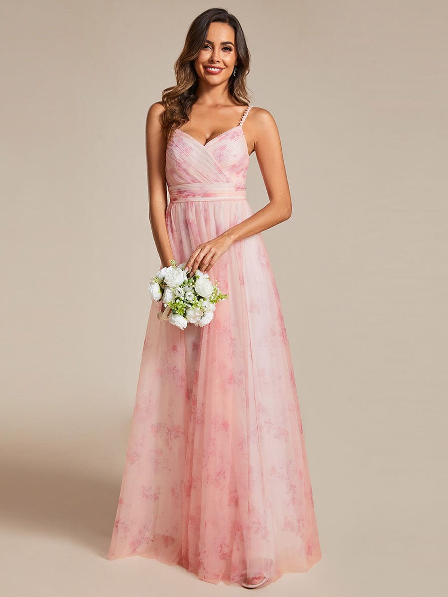 Floral Printed Empire Waist Spaghetti Strap Formal Evening Dress with V-Neck #color_Pink