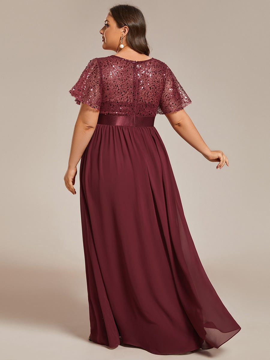 Round-Neck Sequin High Waist Short-Sleeved Formal Evening Dress #color_Burgundy