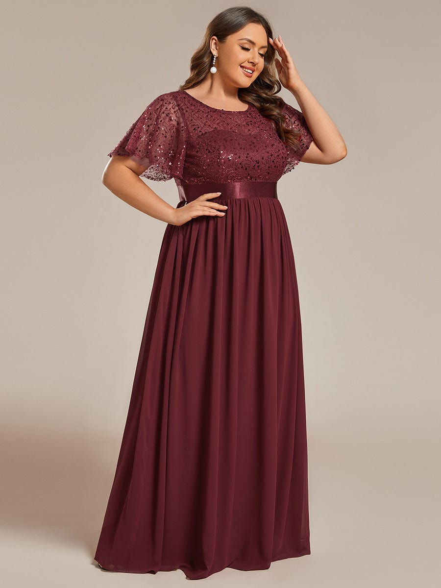 Plus Size Round-Neck Sequin High Waist Short-Sleeved Formal Evening Dress #color_Burgundy