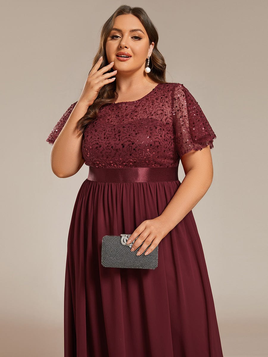 Round-Neck Sequin High Waist Short-Sleeved Formal Evening Dress #color_Burgundy