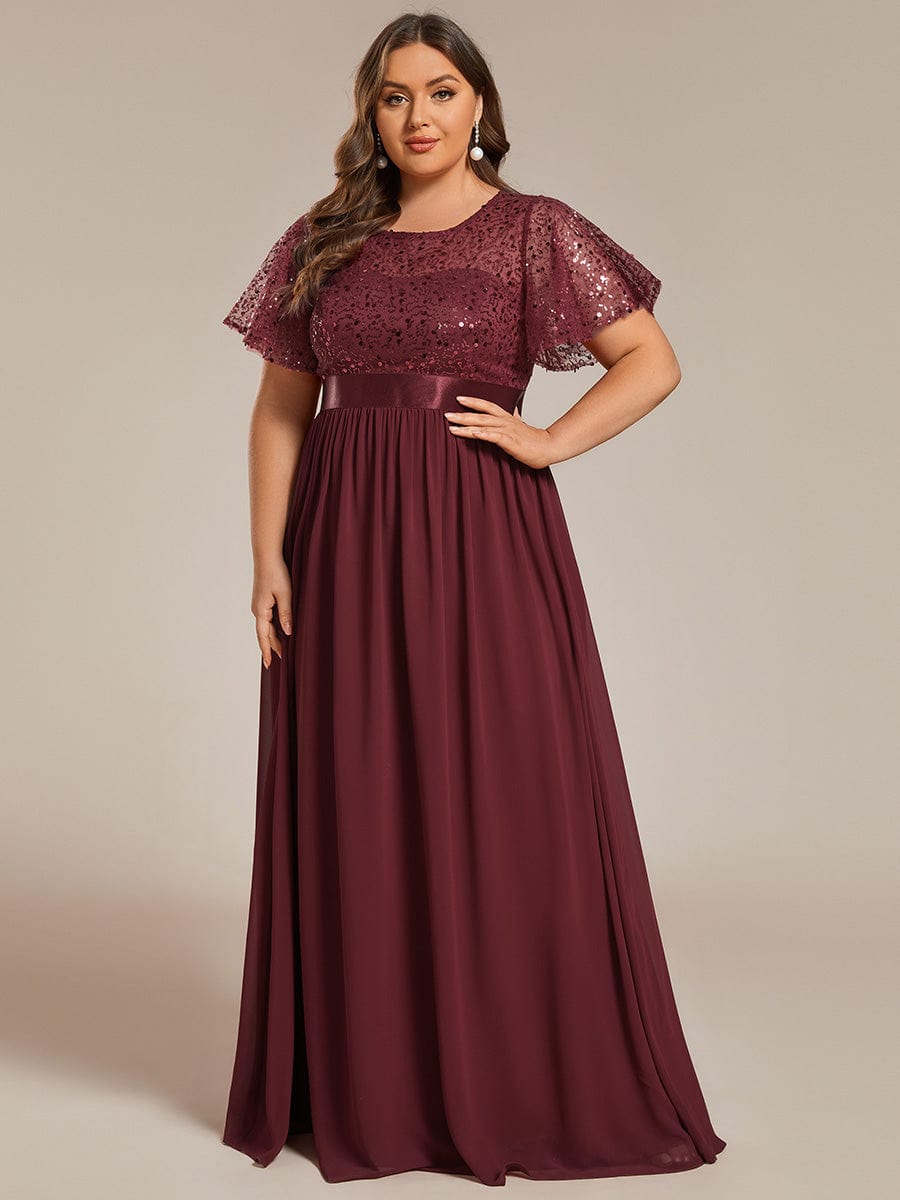 Plus Size Sequin High Waist Short-Sleeved Formal Evening Dress with ...