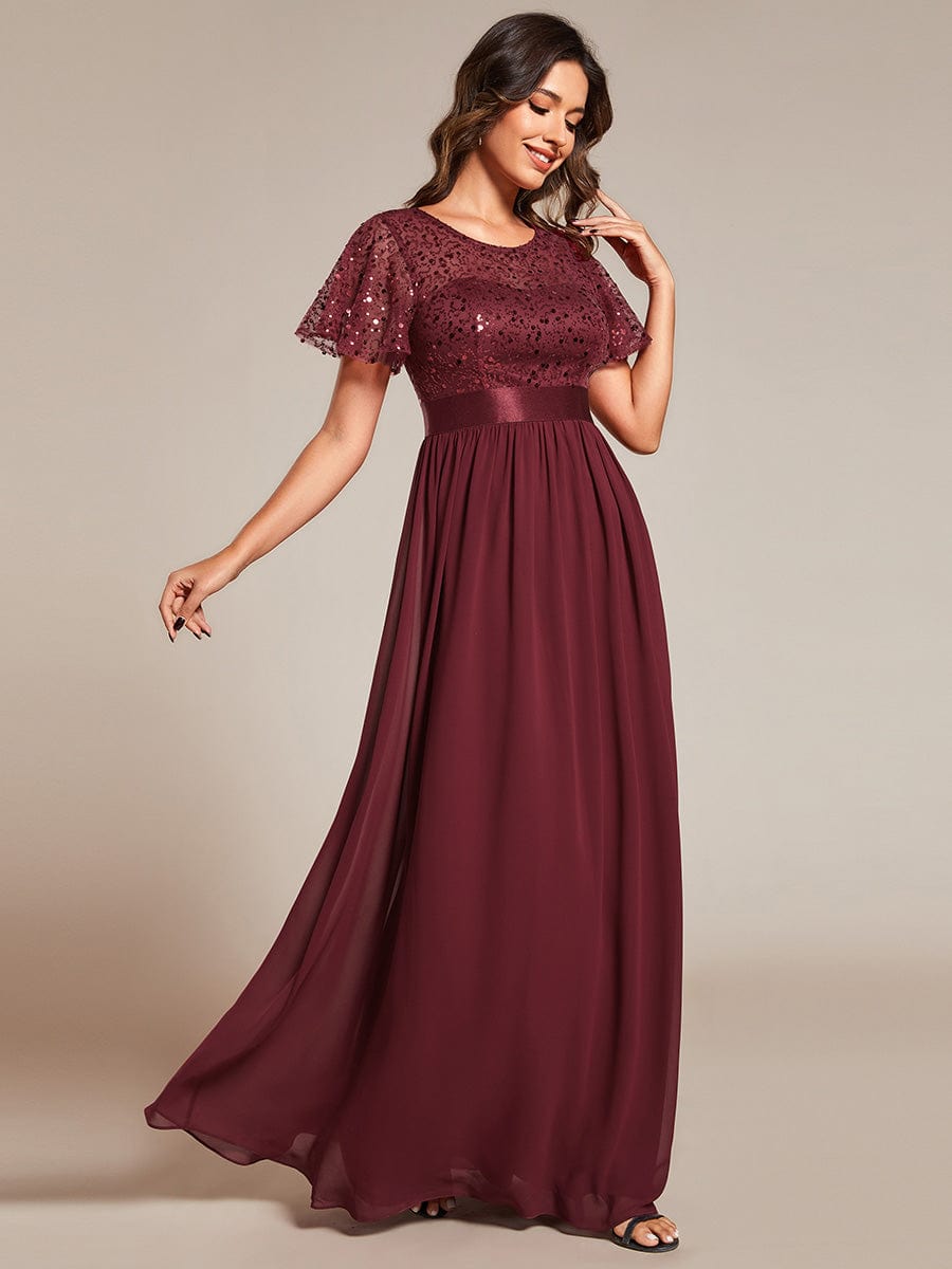 Round-Neck Sequin High Waist Short-Sleeved Formal Evening Dress #color_Burgundy