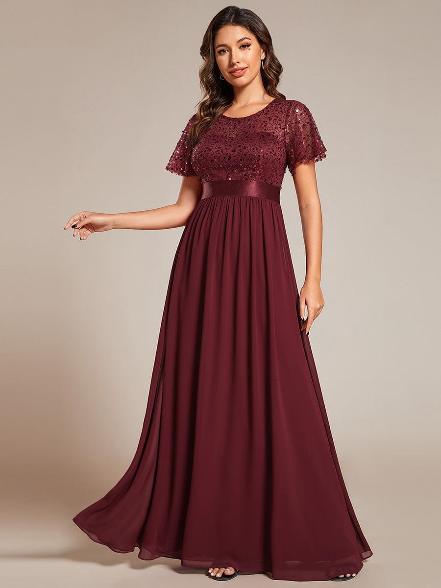 Round-Neck Sequin High Waist Short-Sleeved Formal Evening Dress #color_Burgundy