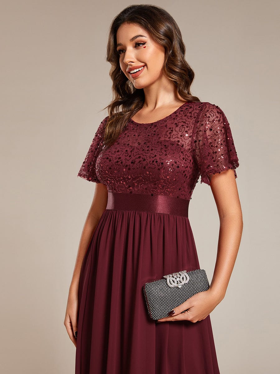 Round-Neck Sequin High Waist Short-Sleeved Formal Evening Dress #color_Burgundy