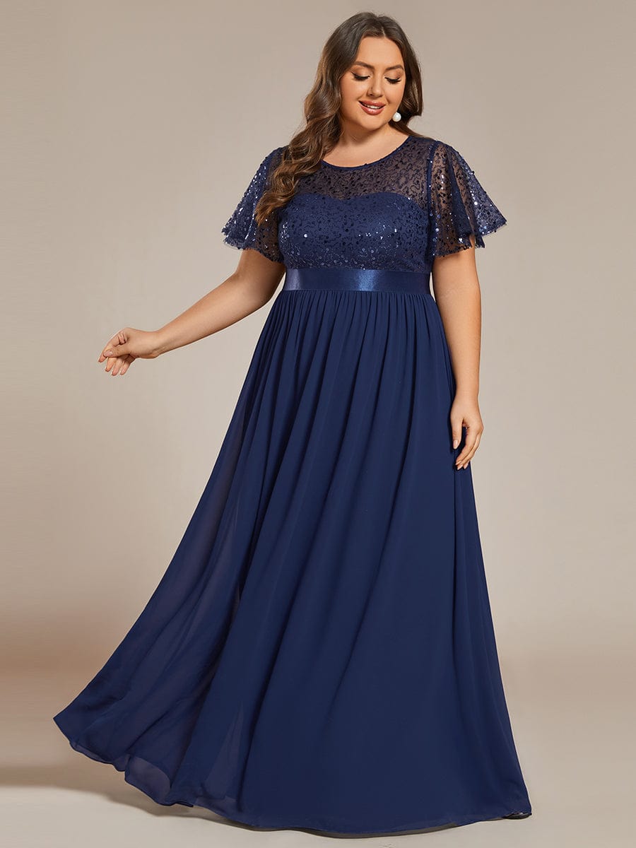 Plus Size Round-Neck Sequin High Waist Short-Sleeved Formal Evening Dress #color_Navy Blue