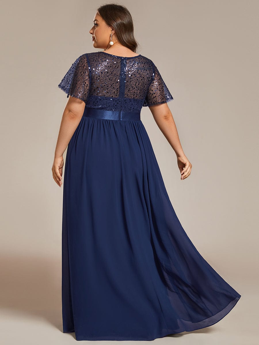 Round-Neck Sequin High Waist Short-Sleeved Formal Evening Dress #color_Navy Blue