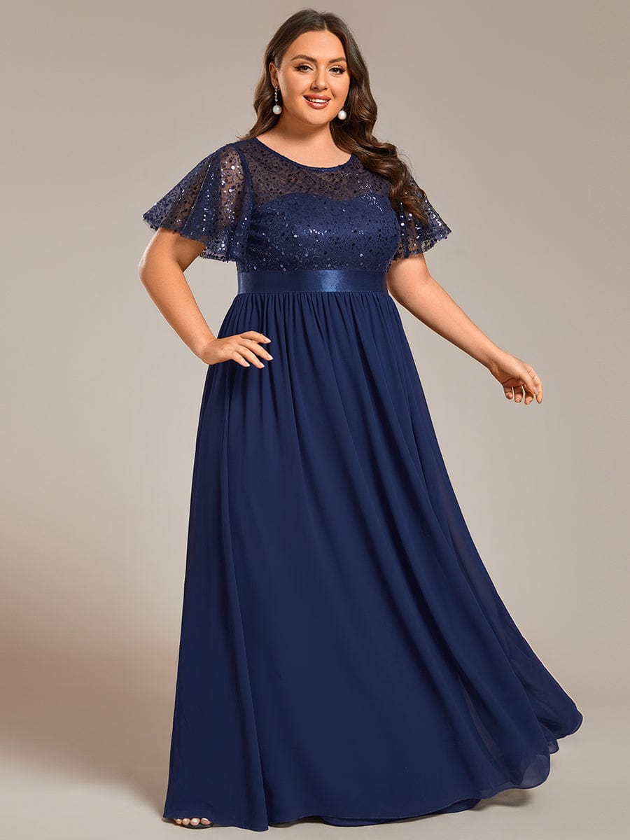 Round-Neck Sequin High Waist Short-Sleeved Formal Evening Dress #color_Navy Blue