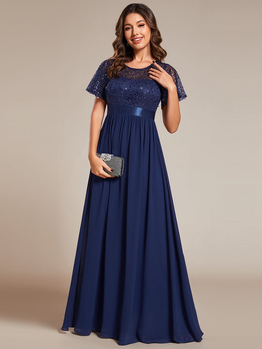 Round-Neck Sequin High Waist Short-Sleeved Formal Evening Dress #color_Navy Blue