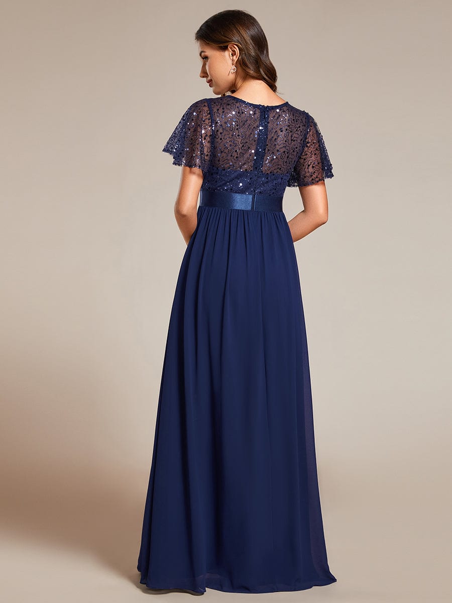 Round-Neck Sequin High Waist Short-Sleeved Formal Evening Dress #color_Navy Blue