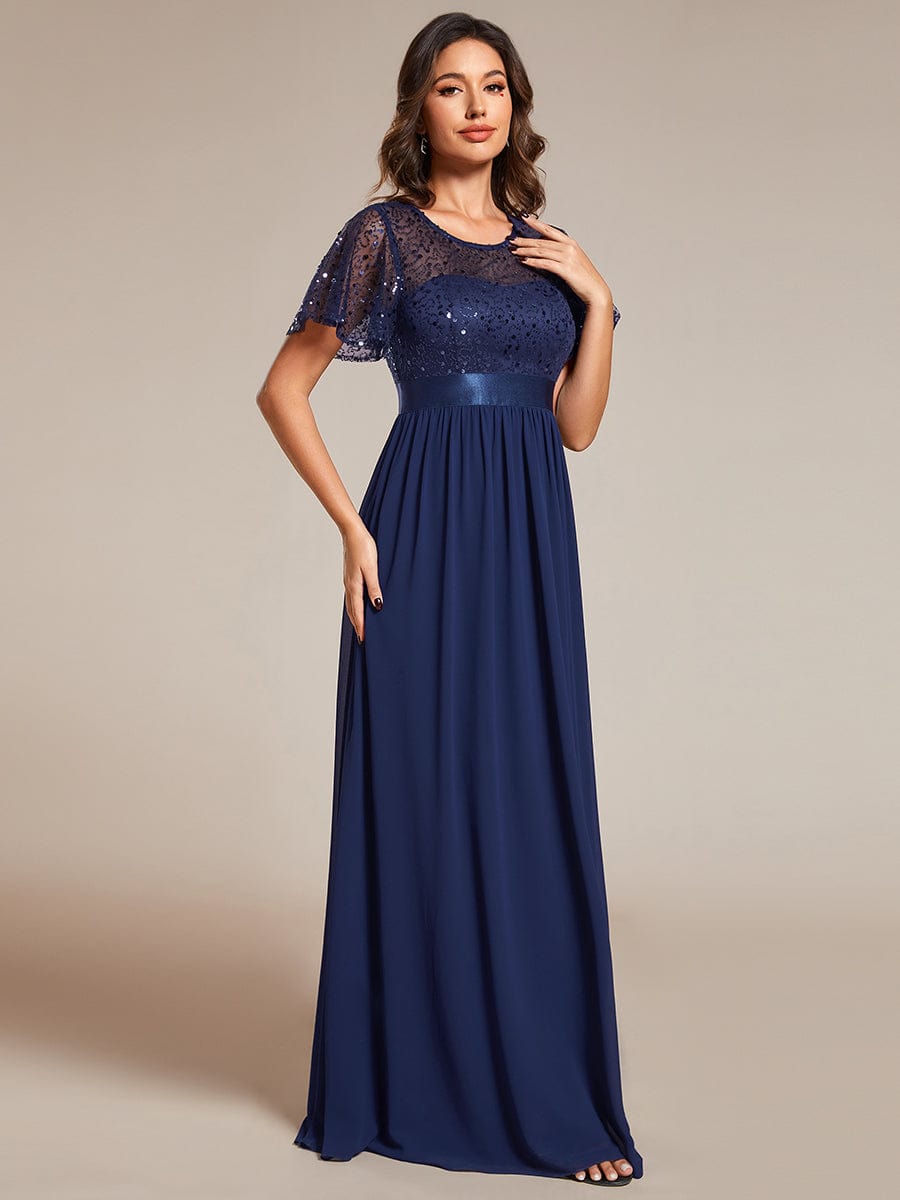 Round-Neck Sequin High Waist Short-Sleeved Formal Evening Dress #color_Navy Blue