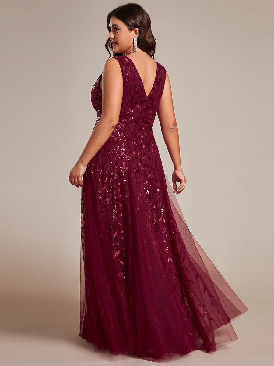 V-Neck Leaf Sequin Sleeveless A-Line Formal Evening Dress with Tulle #color_Burgundy