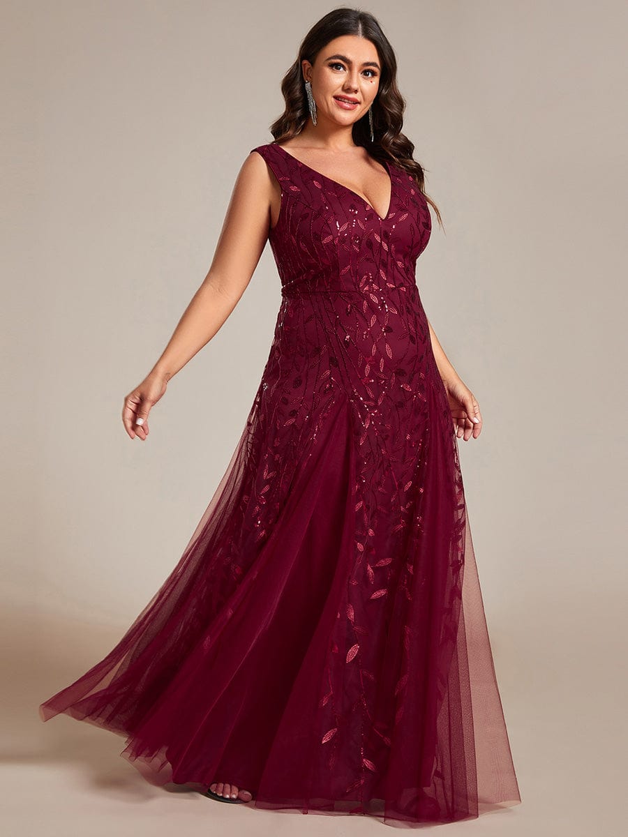 V-Neck Leaf Sequin Sleeveless A-Line Formal Evening Dress with Tulle #color_Burgundy