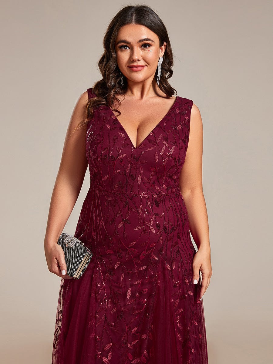 V-Neck Leaf Sequin Sleeveless A-Line Formal Evening Dress with Tulle #color_Burgundy