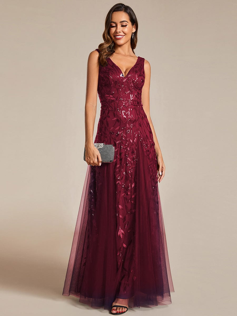 V-Neck Leaf Sequin Sleeveless A-Line Formal Evening Dress with Tulle #color_Burgundy