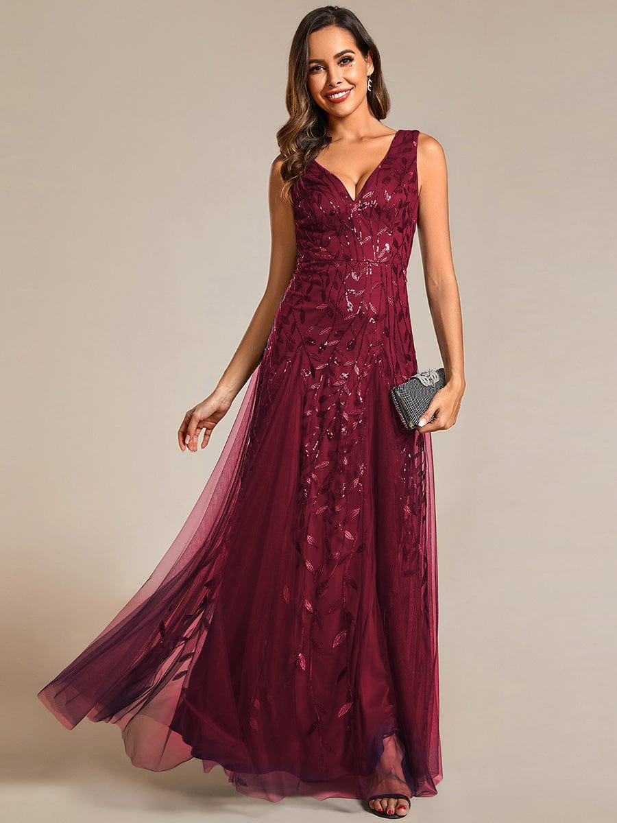 V-Neck Leaf Sequin Sleeveless A-Line Formal Evening Dress with Tulle #color_Burgundy