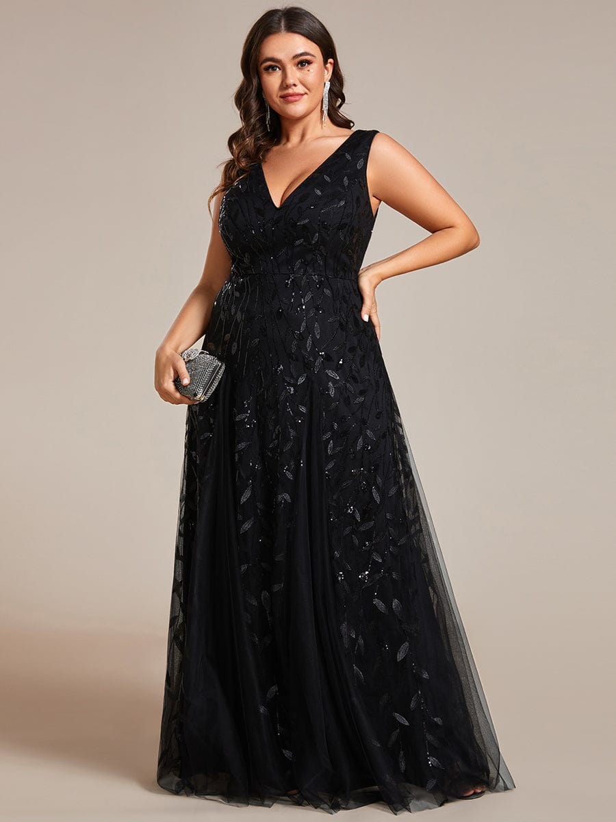 V-Neck Leaf Sequin Sleeveless A-Line Formal Evening Dress with Tulle #color_Black