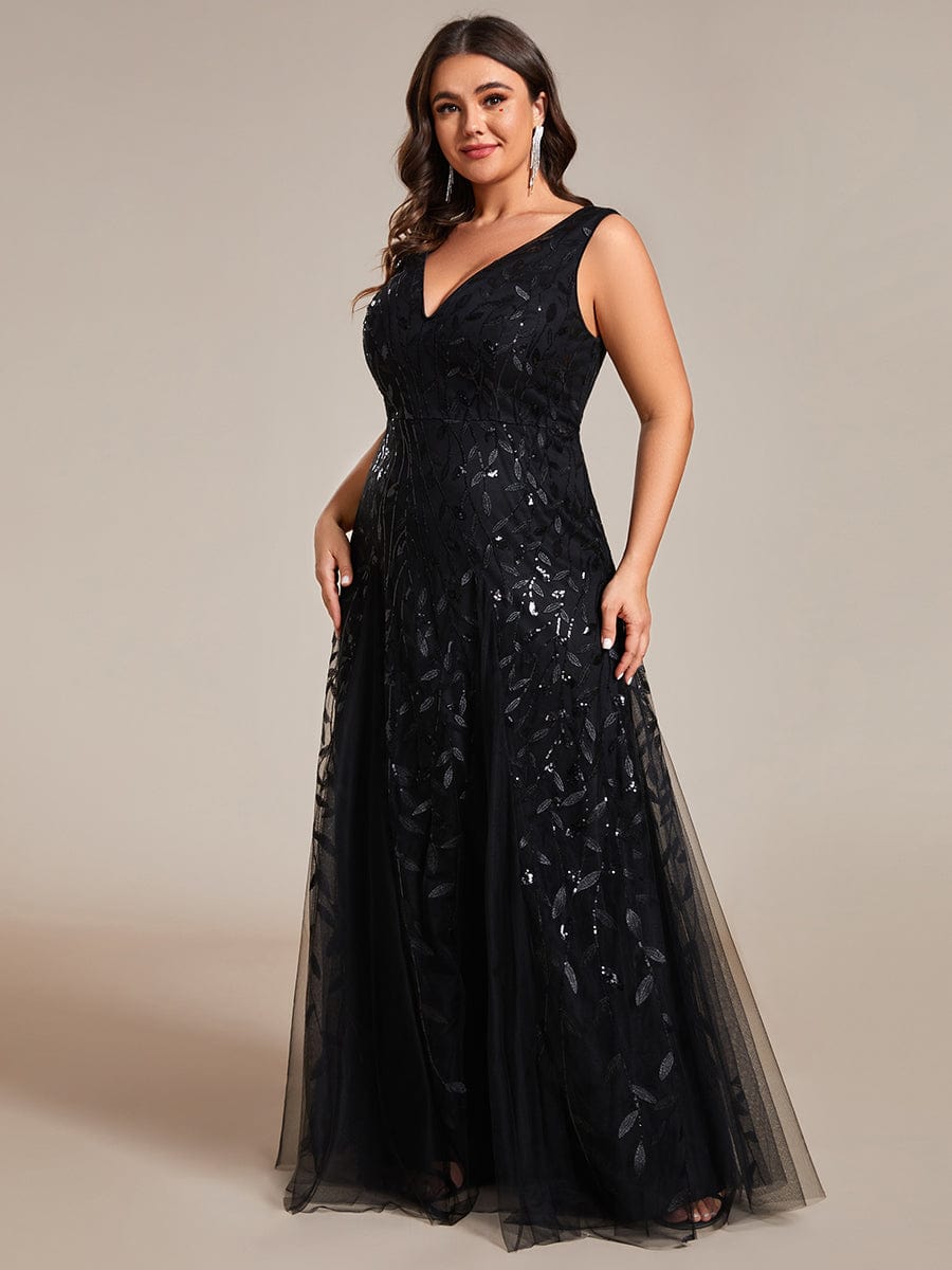 Plus Size Sparkling Sleeveless Leaf Sequin A-Line Formal Evening Dress #color_Black