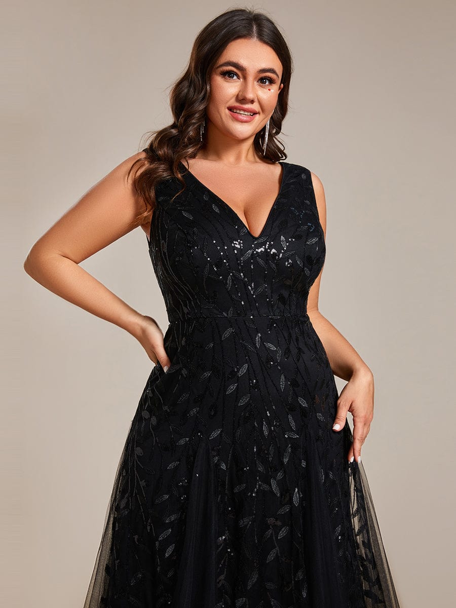 V-Neck Leaf Sequin Sleeveless A-Line Formal Evening Dress with Tulle #color_Black