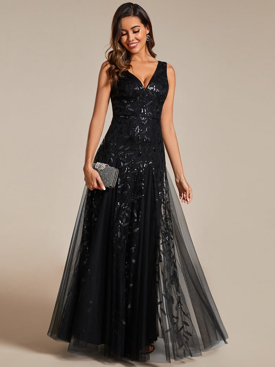 V-Neck Leaf Sequin Sleeveless A-Line Formal Evening Dress with Tulle #color_Black