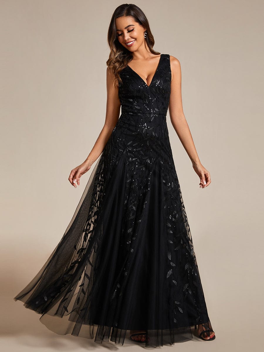 V-Neck Leaf Sequin Sleeveless A-Line Formal Evening Dress with Tulle #color_Black