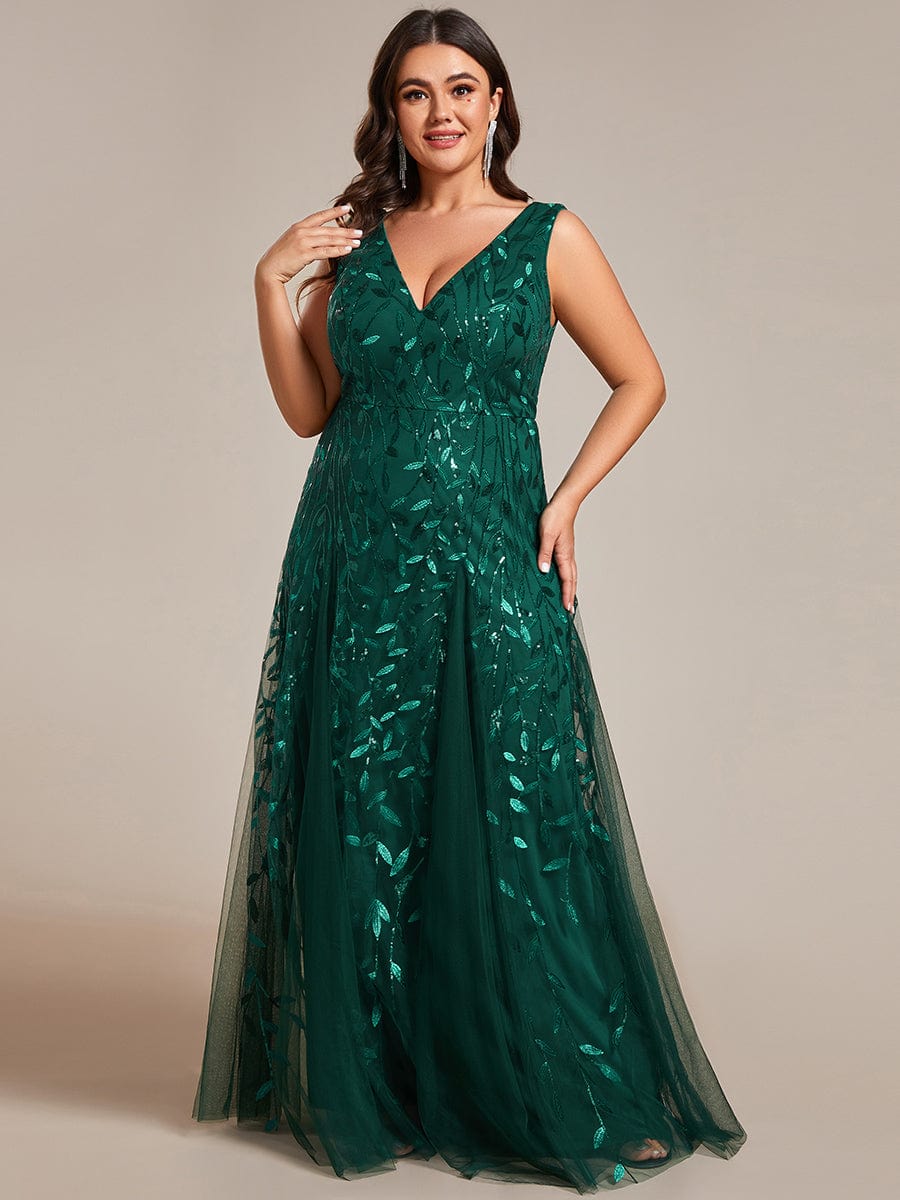 Plus Size Sparkling Sleeveless Leaf Sequin A-Line Formal Evening Dress #color_Dark Green