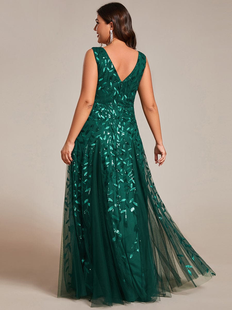 V-Neck Leaf Sequin Sleeveless A-Line Formal Evening Dress with Tulle #color_Dark Green