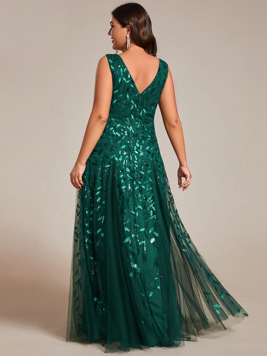Plus Size Sparkling Sleeveless Leaf Sequin A-Line Formal Evening Dress #color_Dark Green