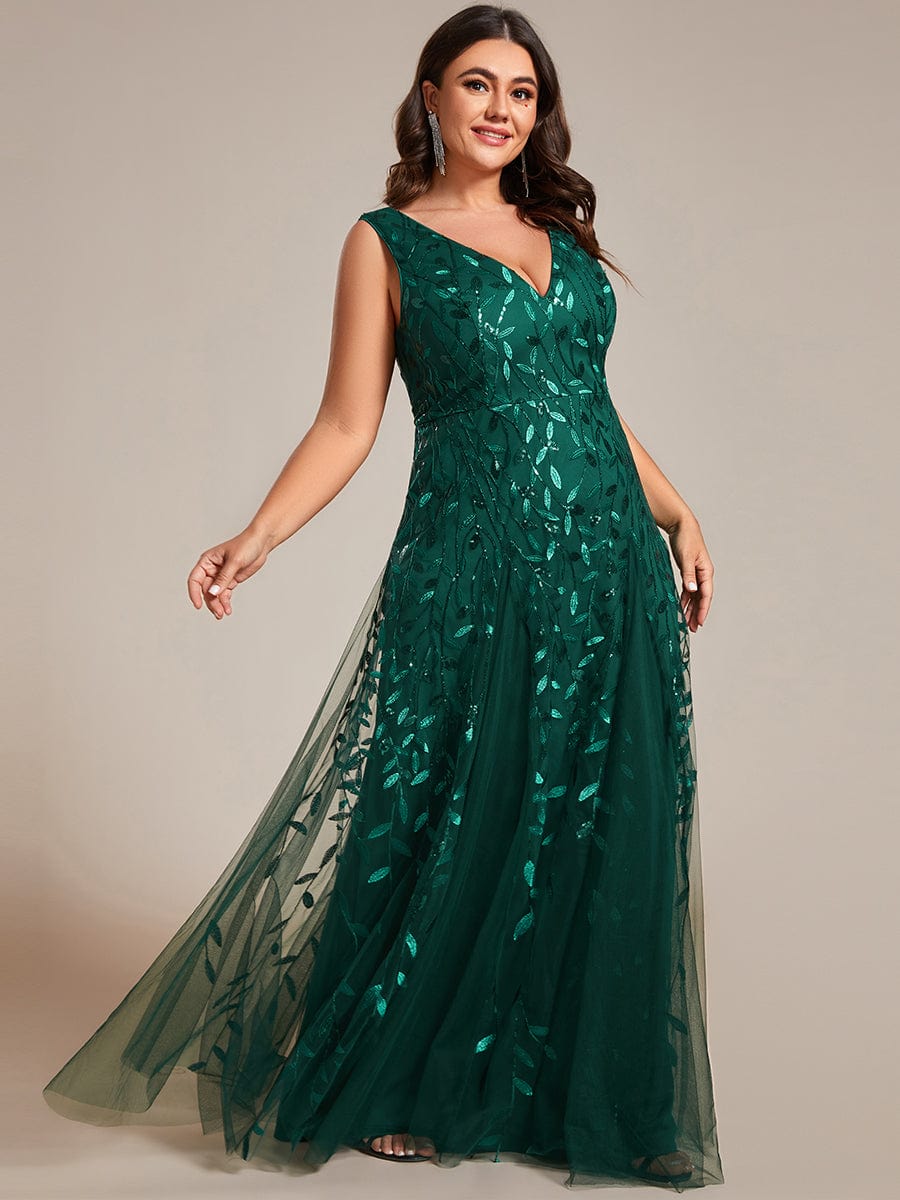 V-Neck Leaf Sequin Sleeveless A-Line Formal Evening Dress with Tulle #color_Dark Green