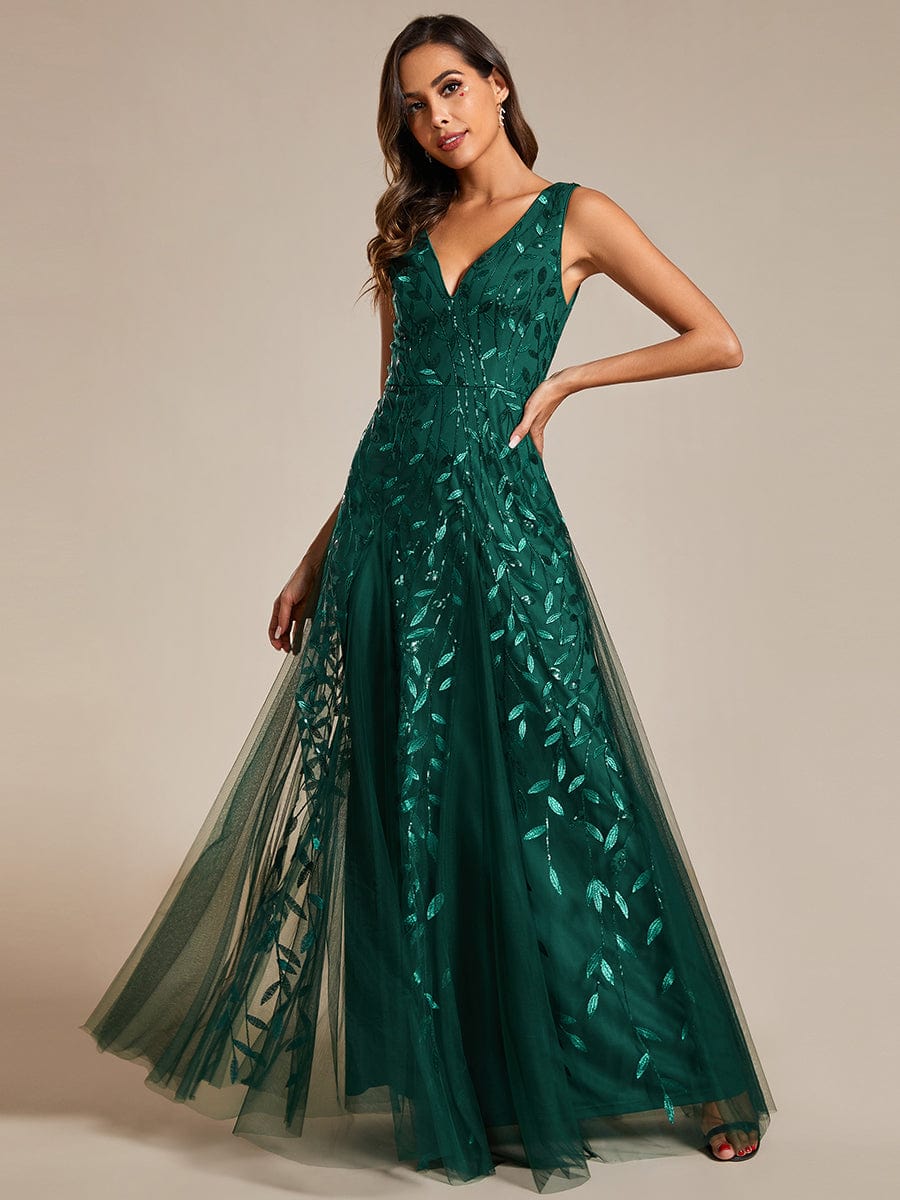 V-Neck Leaf Sequin Sleeveless A-Line Formal Evening Dress with Tulle #color_Dark Green