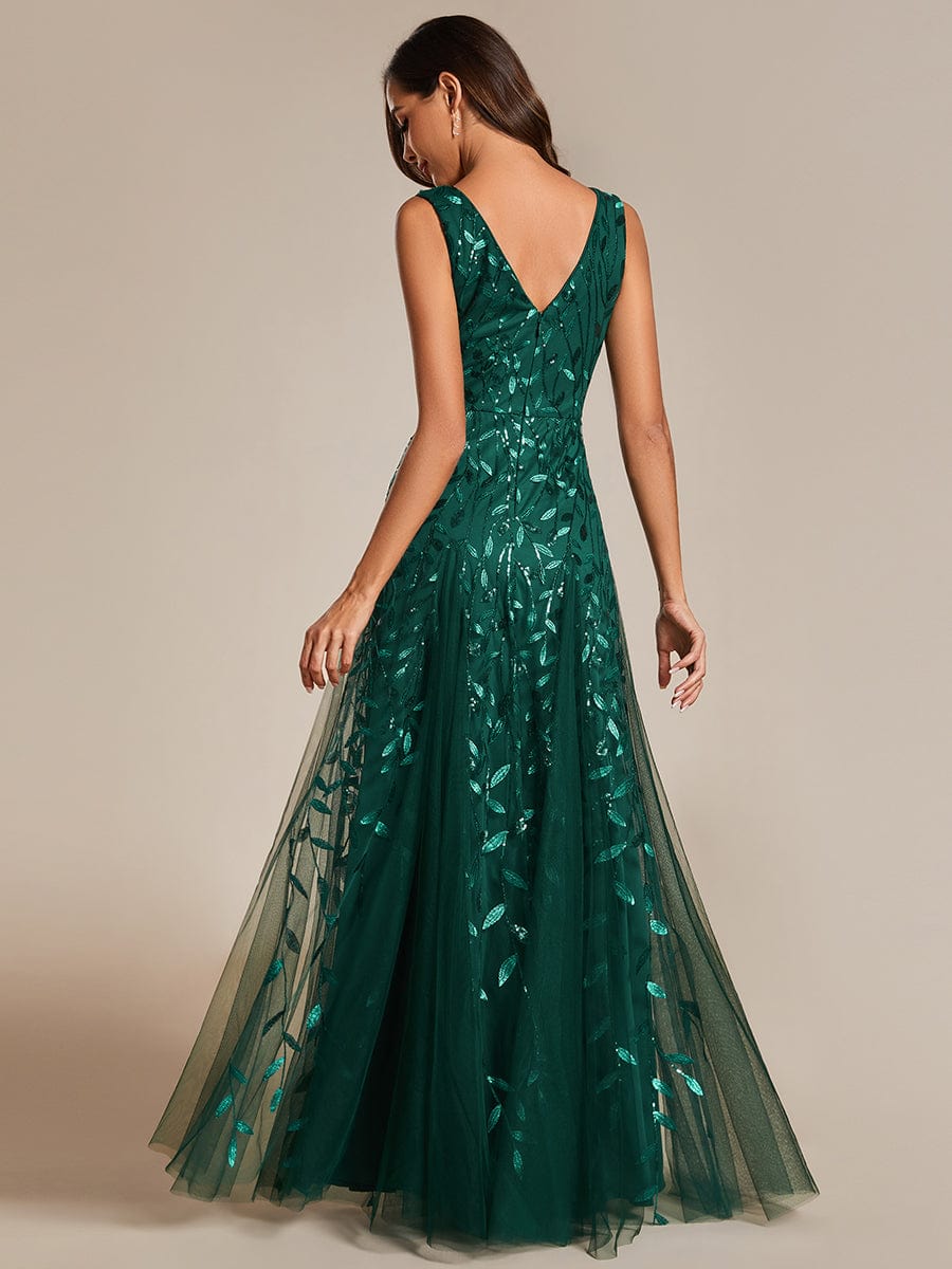 V-Neck Leaf Sequin Sleeveless A-Line Formal Evening Dress with Tulle #color_Dark Green