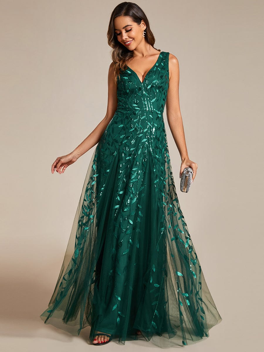 V-Neck Leaf Sequin Sleeveless A-Line Formal Evening Dress with Tulle #color_Dark Green