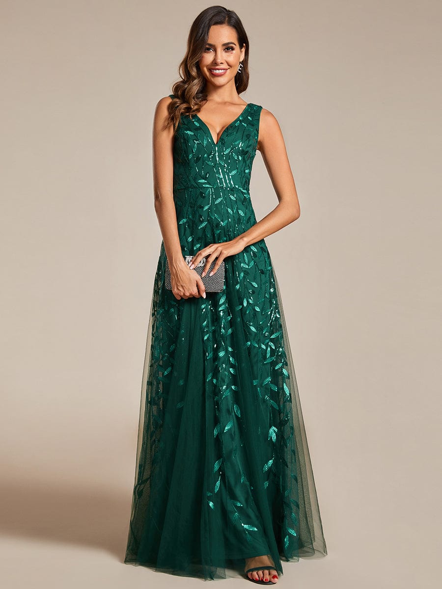 V-Neck Leaf Sequin Sleeveless A-Line Formal Evening Dress with Tulle #color_Dark Green