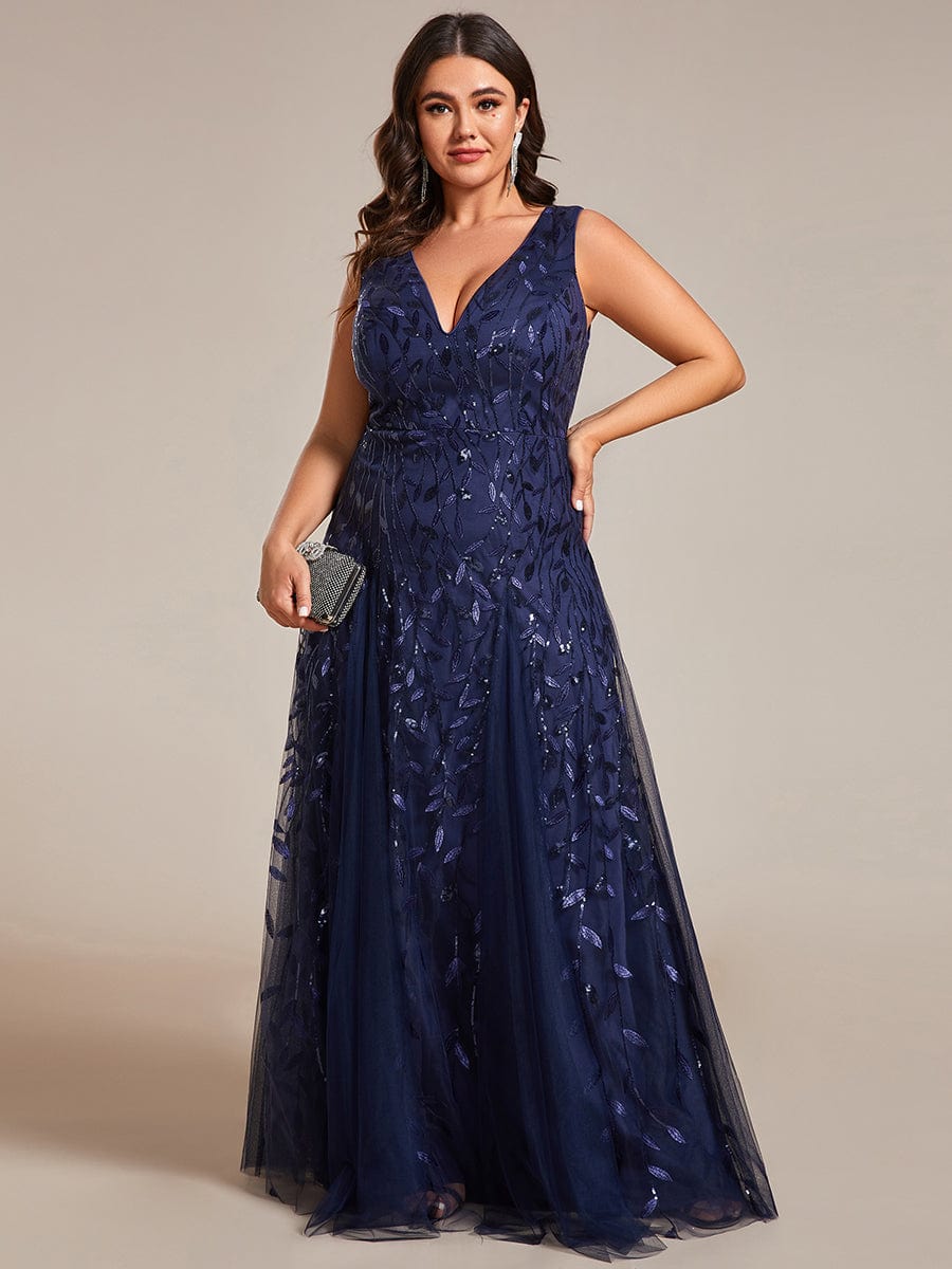 Plus Size Sparkling Sleeveless Leaf Sequin A-Line Formal Evening Dress #color_Navy Blue