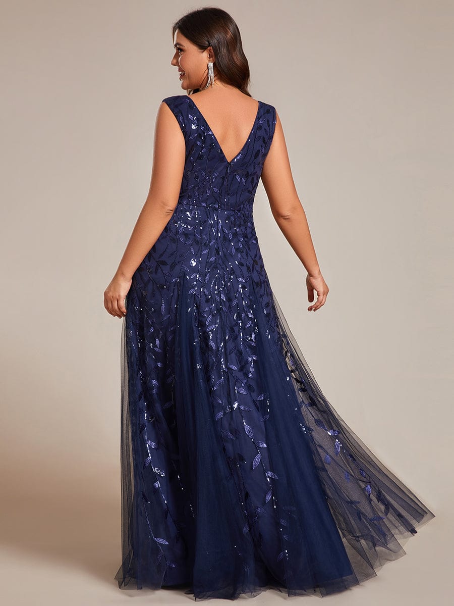 V-Neck Leaf Sequin Sleeveless A-Line Formal Evening Dress with Tulle #color_Navy Blue