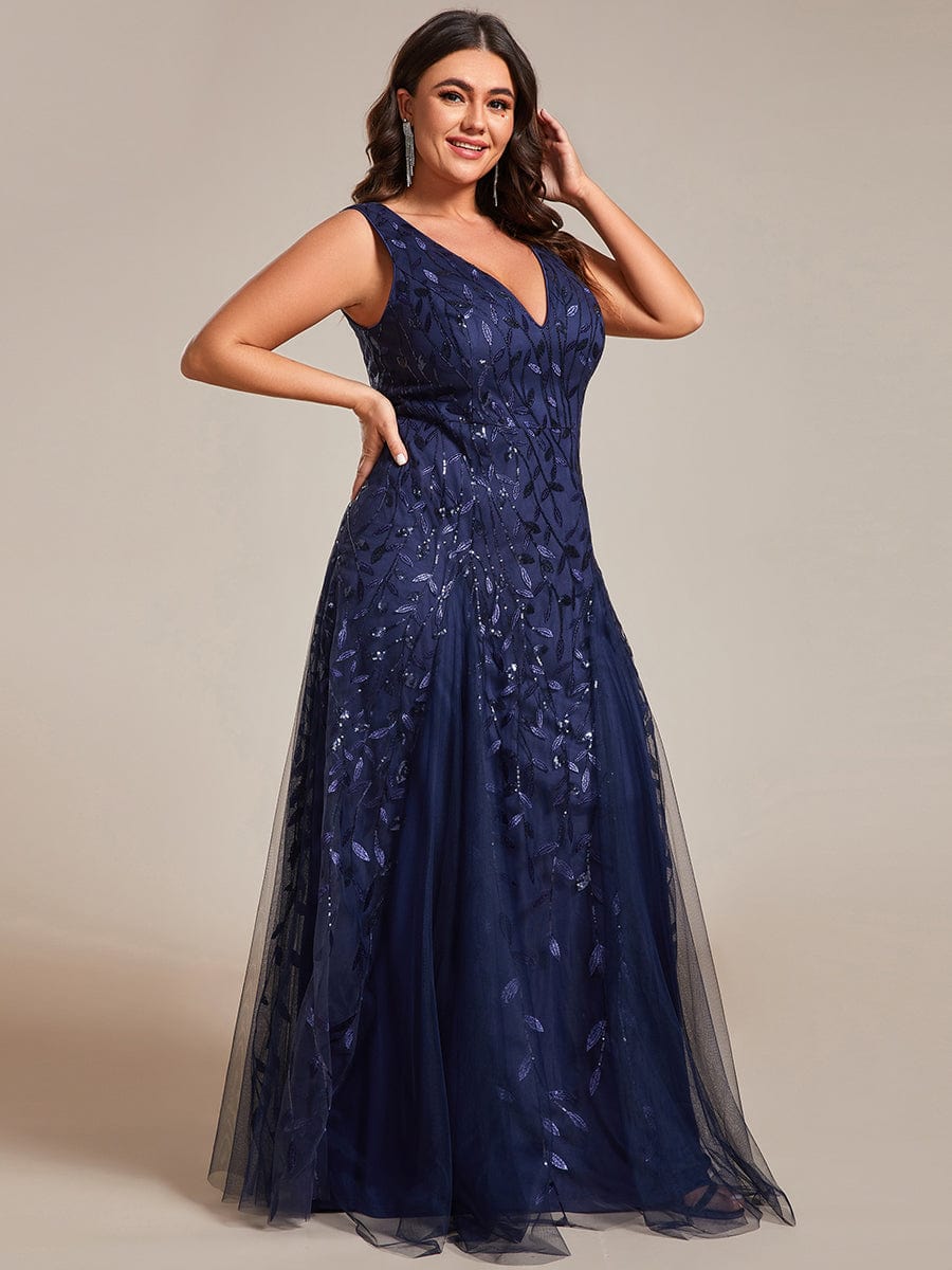 V-Neck Leaf Sequin Sleeveless A-Line Formal Evening Dress with Tulle #color_Navy Blue