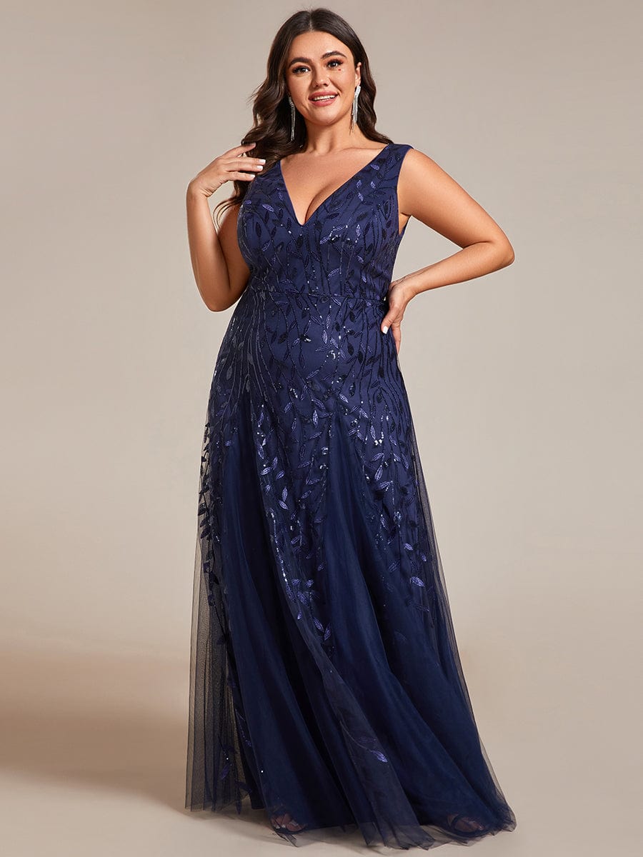 Plus Size Sparkling Sleeveless Leaf Sequin A-Line Formal Evening Dress #color_Navy Blue