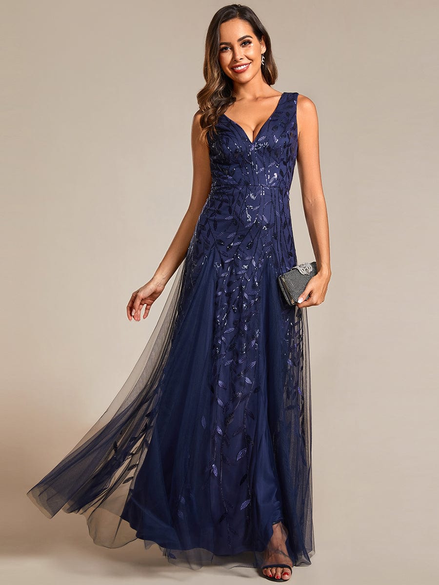 V-Neck Leaf Sequin Sleeveless A-Line Formal Evening Dress with Tulle #color_Navy Blue