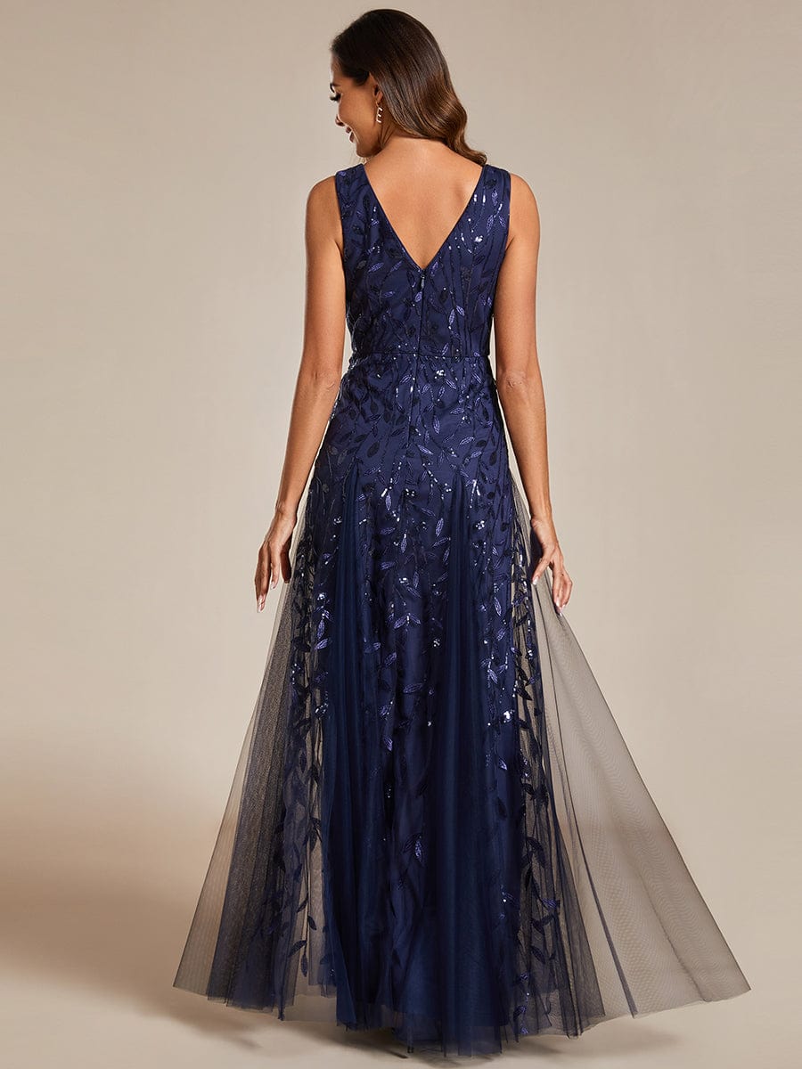 V-Neck Leaf Sequin Sleeveless A-Line Formal Evening Dress with Tulle #color_Navy Blue