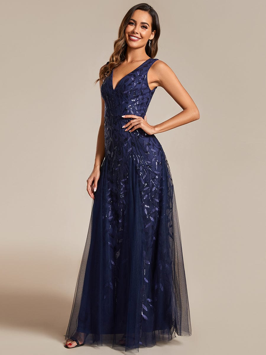 V-Neck Leaf Sequin Sleeveless A-Line Formal Evening Dress with Tulle #color_Navy Blue