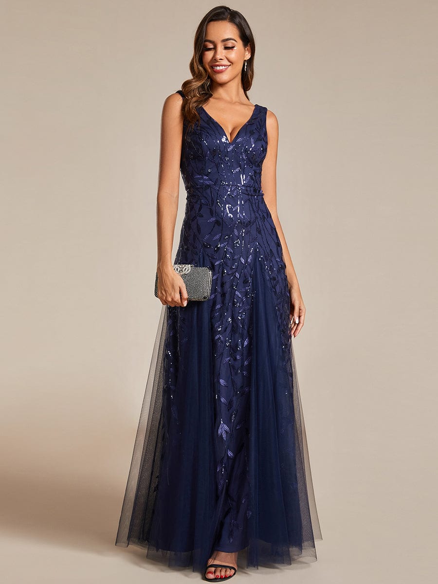 V-Neck Leaf Sequin Sleeveless A-Line Formal Evening Dress with Tulle #color_Navy Blue